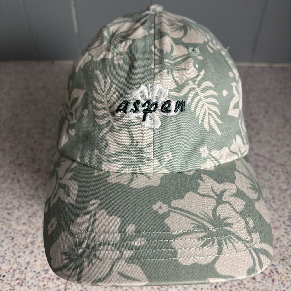 Vintage 90’s Aspen Colorado Floral Fauna Hat Green White 1990’s Dad Cap Adjust